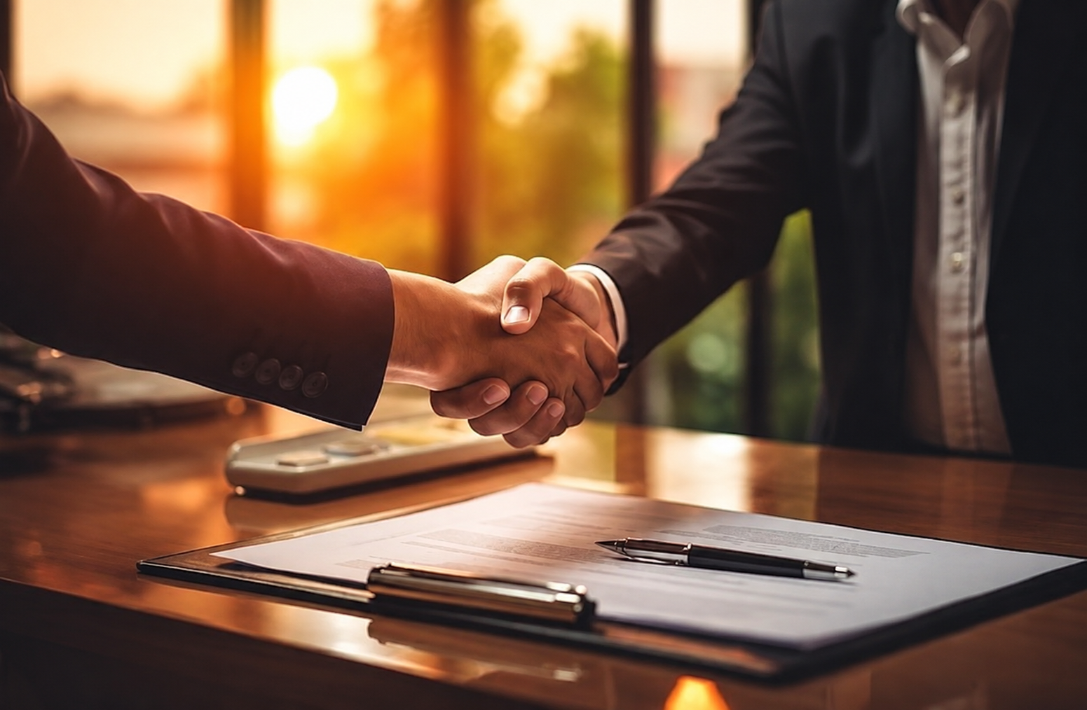 Real estate transaction closing — handshake over signed documents with a model home